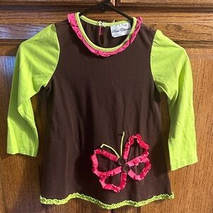 Rare Editions Brown and Green Long Sleeve Tee with Pink Butterfly